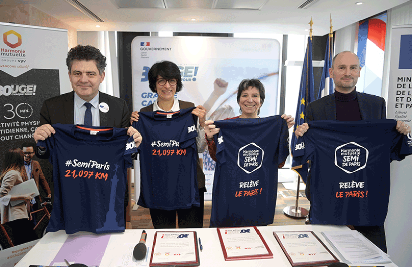 Le ministère de l’Éducation nationale, de la Jeunesse, des Sports et des Jeux olympiques et paralympiques, Harmonie Mutuelle et l’Harmonie Mutuelle Semi de Paris s’associent pour lutter contre la sédentarité